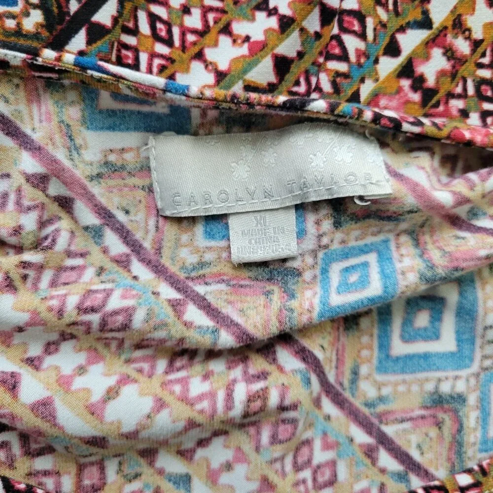 Carol Taylor Women's XL Brown Blue Geometric Dolman 3/4 Sleeve Pullover GEO185XE